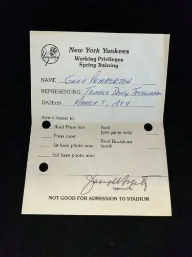1984 New York Yankees Press Pass for Spring Training featuring Don Mattingly and Dave Winfield