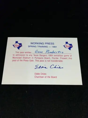 Texas Rangers Spring Training press pass from 1984 Municipal Stadium Pompano Beach FL