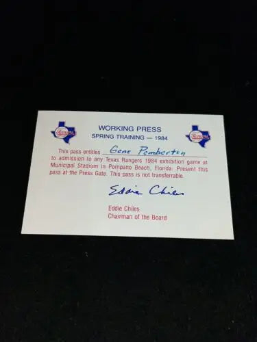 1984 Texas Rangers Spring Training Press Pass from Municipal Stadium Pompano Beach FL