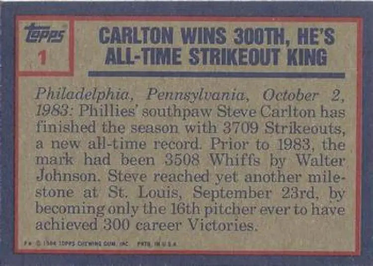 1984 Topps #1 Steve Carlton EX Excellent Philadelphia Phillies Baseball Card - Baseball Card Single