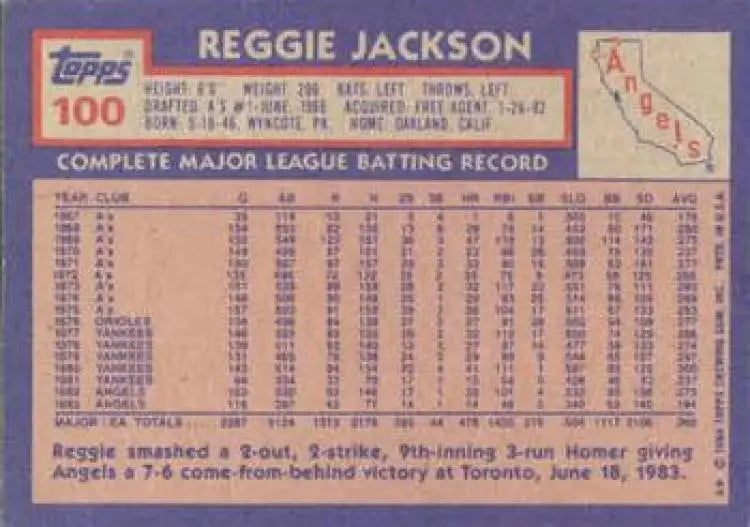 1984 Topps #100 Reggie Jackson EX Excellent California Angels Baseball Card - Baseball Card Single