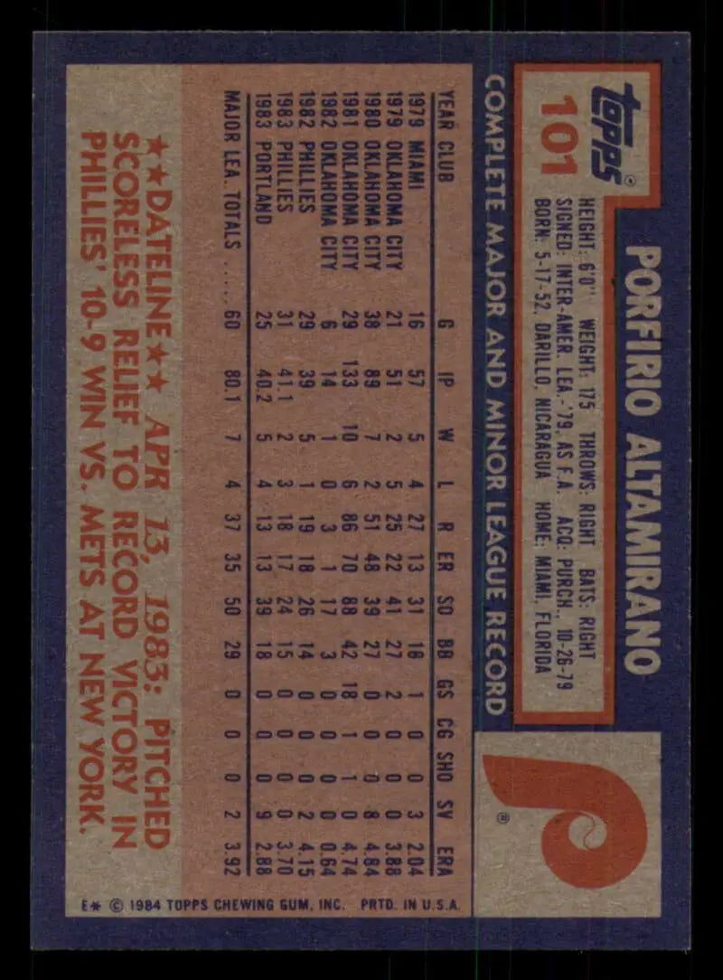 1984 Topps #101 Porfirio Altamirano EX Excellent Philadelphia Phillies Baseball Card - Baseball Card Single