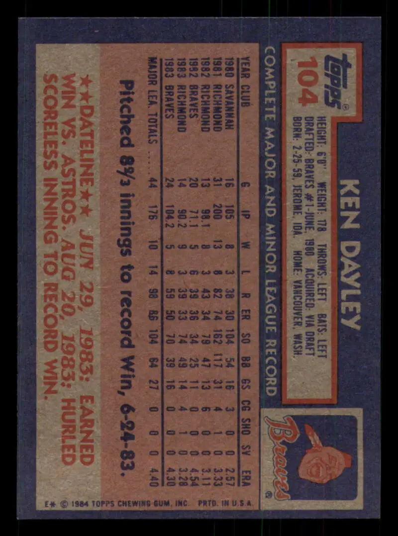 1984 Topps #104 Ken Dayley EX Excellent Atlanta Braves Baseball Card - Baseball Card Single
