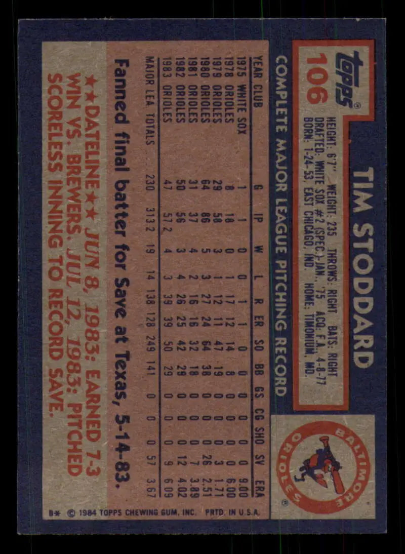 1984 Topps #106 Tim Stoddard EX Excellent Baltimore Orioles Baseball Card - Baseball Card Single