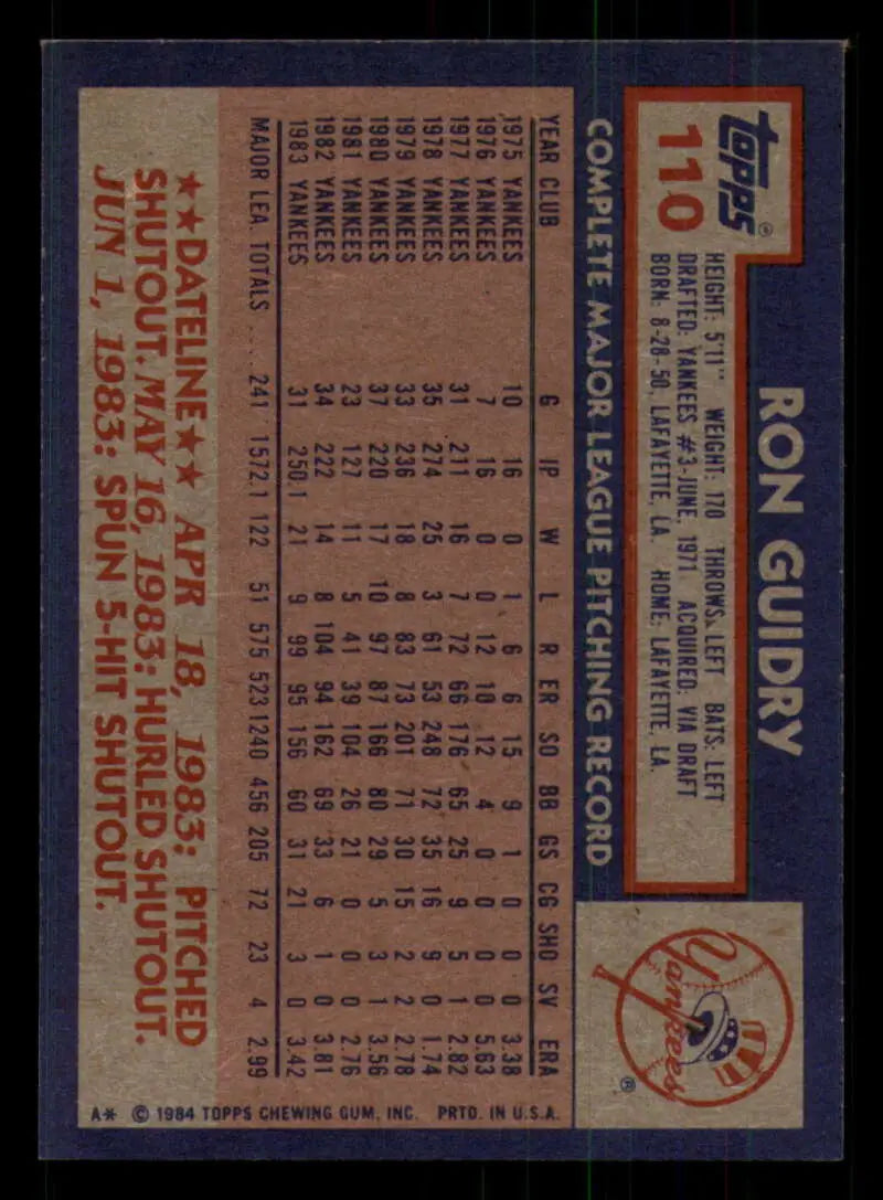 1984 Topps #110 Ron Guidry EX Excellent New York Yankees Baseball Card - Baseball Card Single