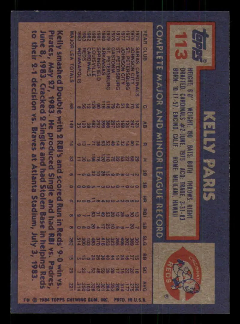 1984 Topps #113 Kelly Paris EX Excellent RC Rookie Cincinnati Reds Baseball Card - Baseball Card Single