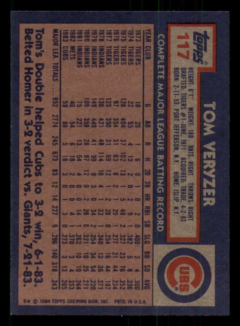 1984 Topps #117 Tom Veryzer EX Excellent Chicago Cubs Baseball Card - Baseball Card Single