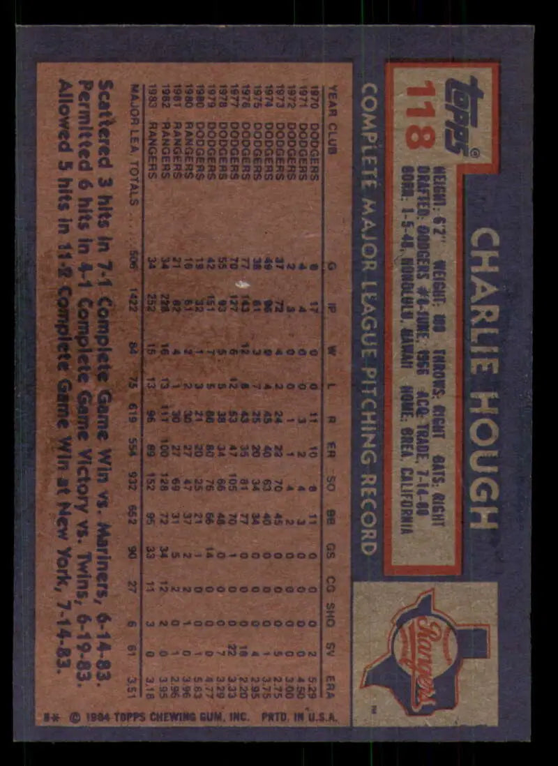 1984 Topps #118 Charlie Hough EX Excellent Texas Rangers Baseball Card - Baseball Card Single