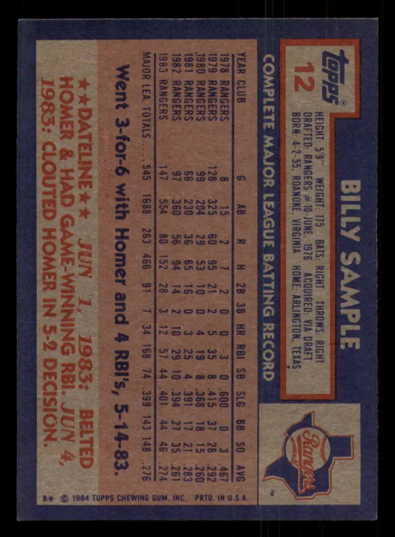 1984 Topps #12 Billy Sample EX Excellent Texas Rangers Baseball Card - Baseball Card Single