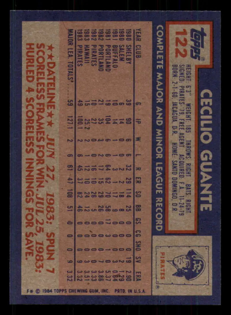 1984 Topps #122 Cecilio Guante EX Excellent Pittsburgh Pirates Baseball Card - Baseball Card Single