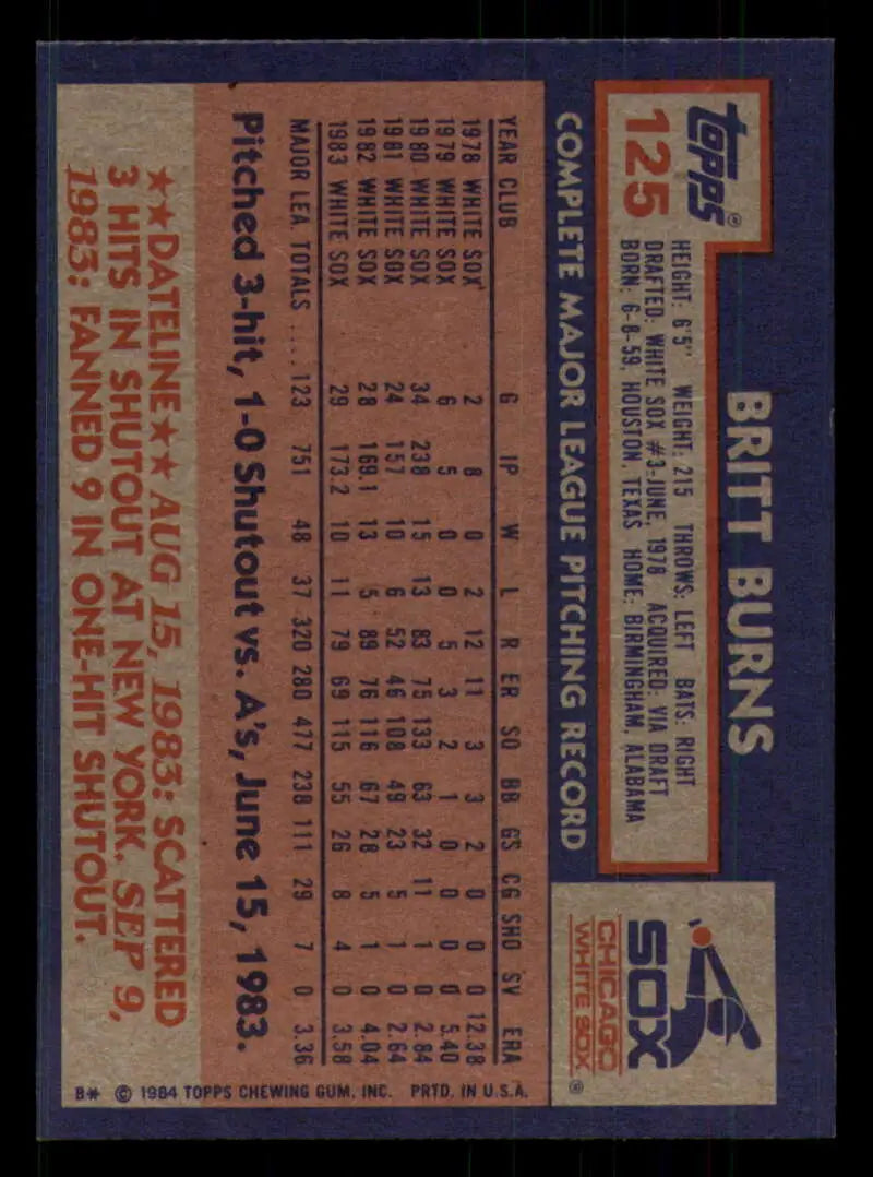 1984 Topps #125 Britt Burns EX Excellent Chicago White Sox Baseball Card - Baseball Card Single