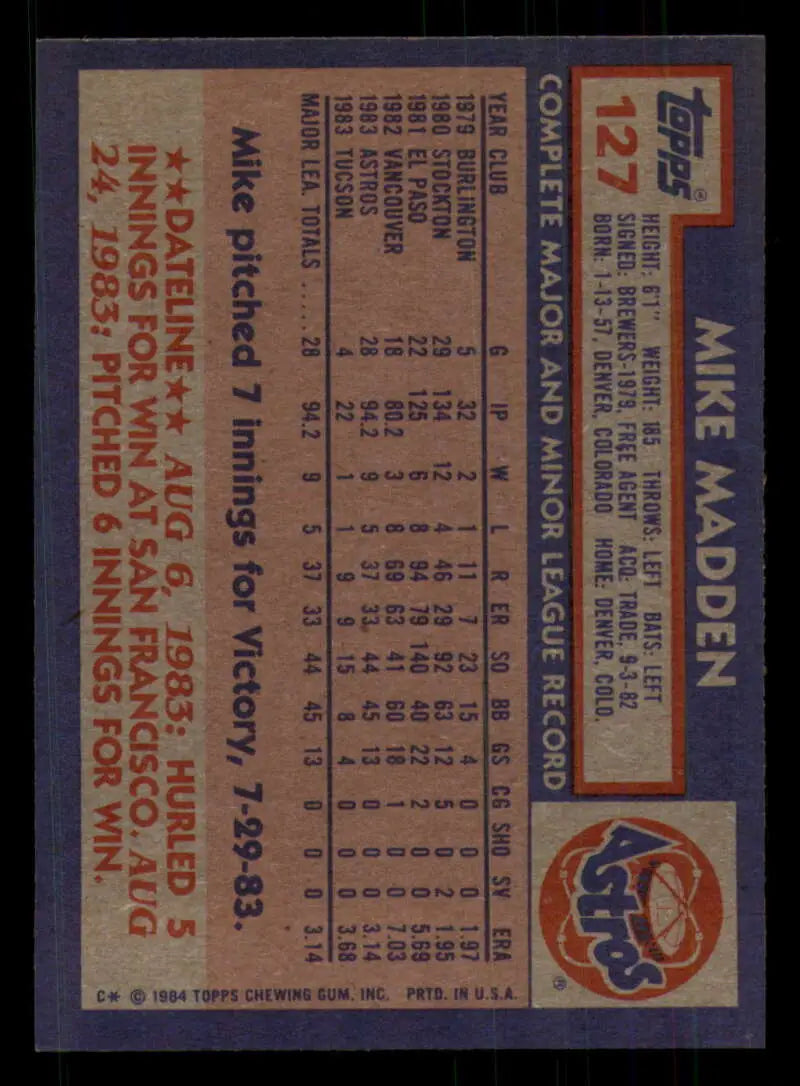 1984 Topps #127 Mike Madden EX Excellent RC Rookie Houston Astros Baseball Card - Baseball Card Single