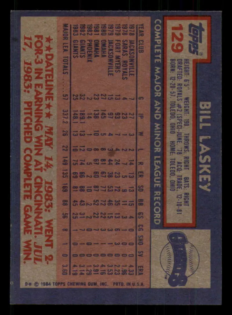 1984 Topps #129 Bill Laskey EX Excellent San Francisco Giants Baseball Card - Baseball Card Single