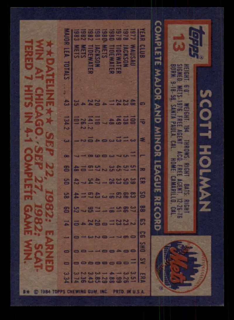 1984 Topps #13 Scott Holman EX Excellent New York Mets Baseball Card - Baseball Card Single