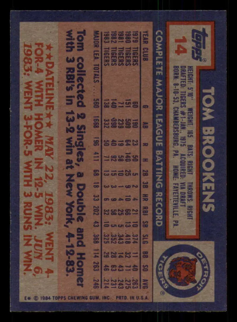 1984 Topps #14 Tom Brookens EX Excellent Detroit Tigers Baseball Card - Baseball Card Single