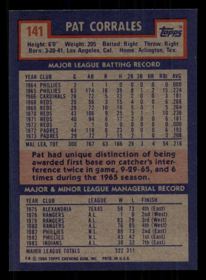 1984 Topps #141 Pat Corrales EX Excellent Cleveland Indians Baseball Card - Baseball Card Single
