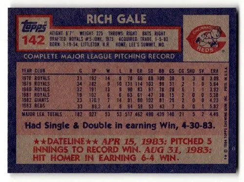 1984 Topps #142 Rich Gale Cincinnati Reds baseball card back with original gloss