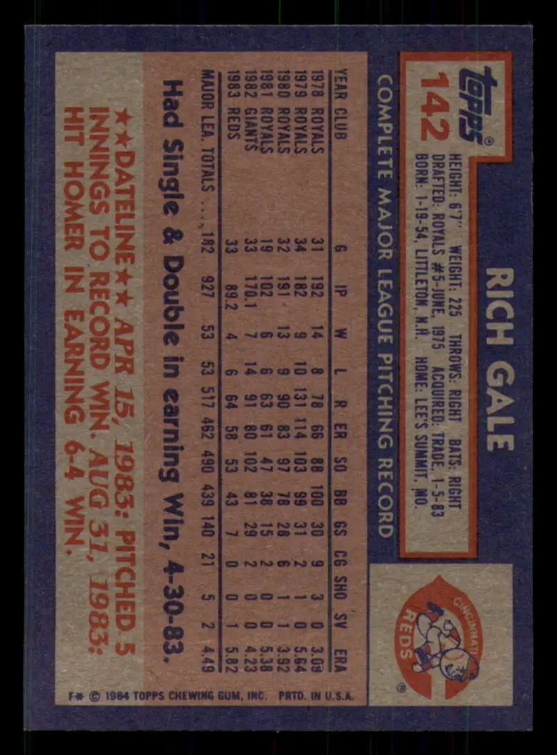 1984 Topps #142 Rich Gale EX Excellent Cincinnati Reds Baseball Card - Baseball Card Single