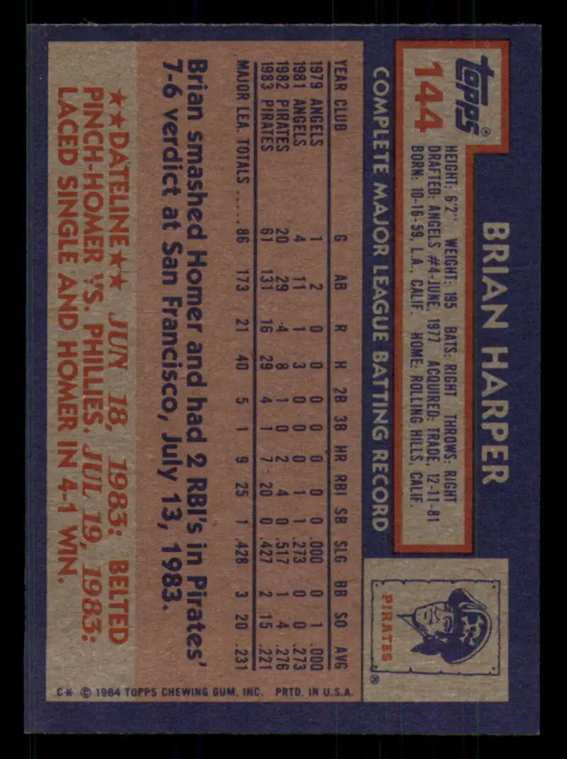 1984 Topps #144 Brian Harper EX Excellent RC Rookie Pittsburgh Pirates Baseball Card - Baseball Card Single