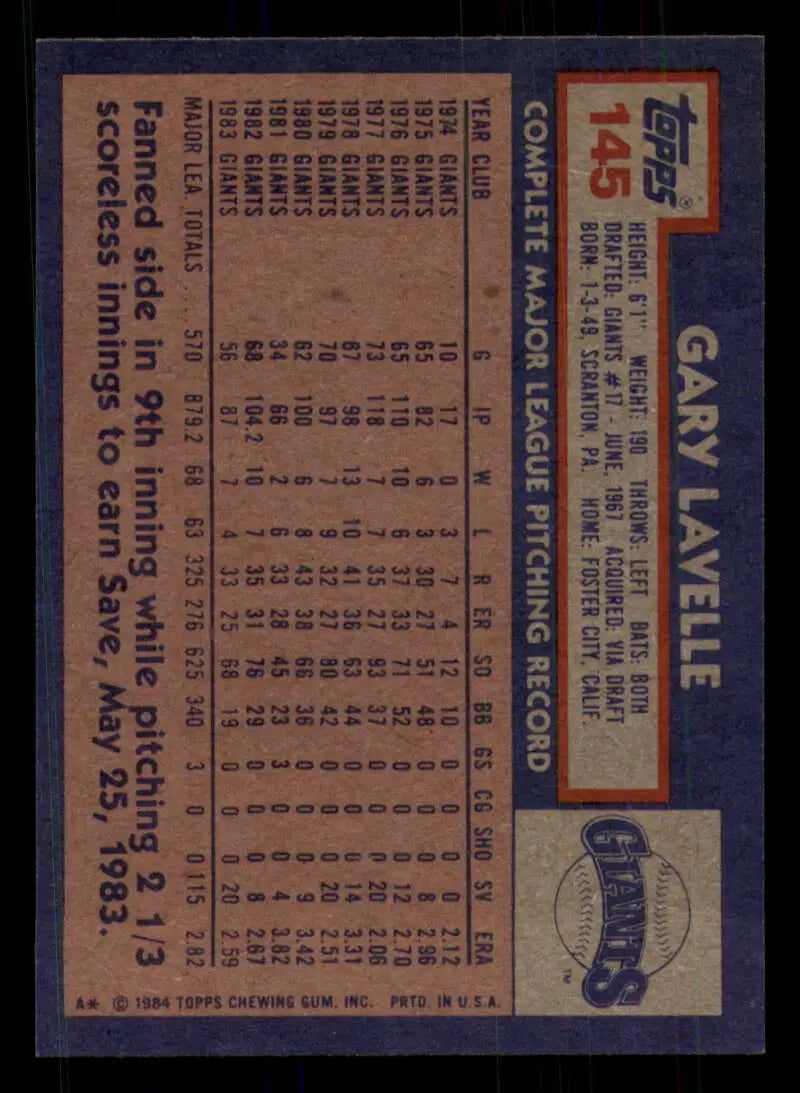 1984 Topps #145 Gary Lavelle EX Excellent San Francisco Giants Baseball Card - Baseball Card Single