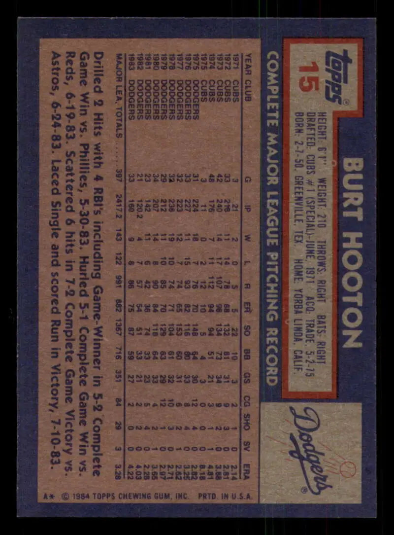 1984 Topps #15 Burt Hooton EX Excellent Los Angeles Dodgers Baseball Card - Baseball Card Single