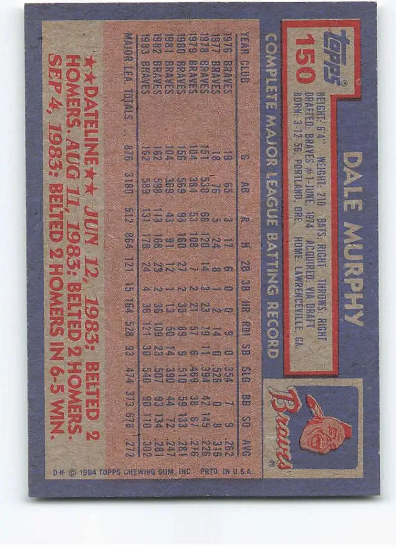 1984 Topps #150 Dale Murphy EX Excellent Atlanta Braves Baseball Card - Baseball Card Single