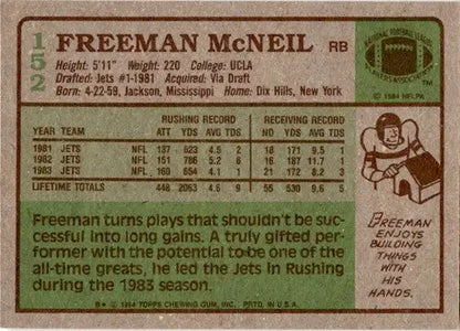 Original gloss Freeman McNeil football card from 1984 Topps #152 displayed with Simply Sandoval