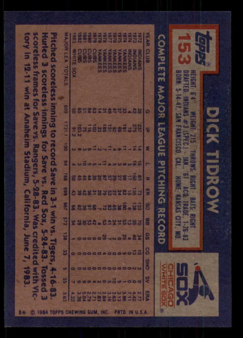 1984 Topps #153 Dick Tidrow EX Excellent Chicago White Sox Baseball Card - Baseball Card Single