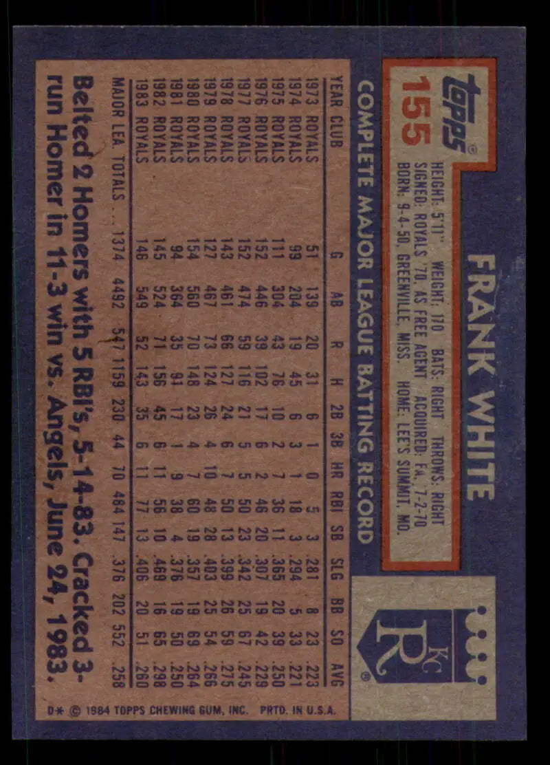 1984 Topps #155 Frank White EX Excellent Kansas City Royals Baseball Card - Baseball Card Single