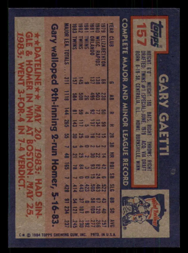 1984 Topps #157 Gary Gaetti EX Excellent Minnesota Twins Baseball Card - Baseball Card Single