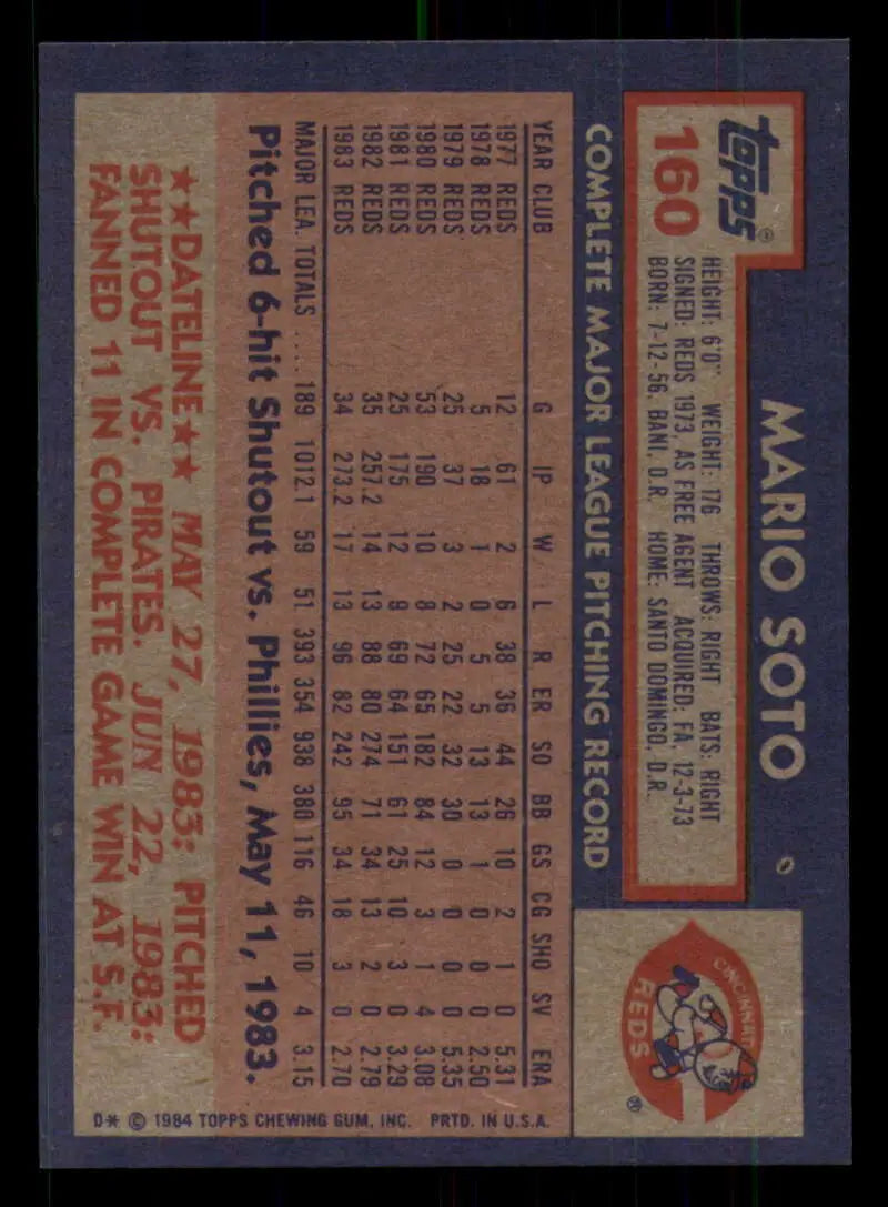 1984 Topps #160 Mario Soto EX Excellent Cincinnati Reds Baseball Card - Baseball Card Single