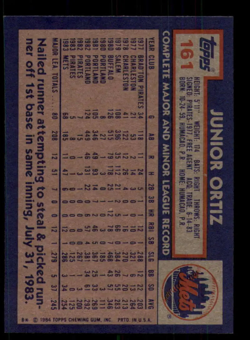 1984 Topps #161 Junior Ortiz EX Excellent RC Rookie New York Mets Baseball Card - Baseball Card Single