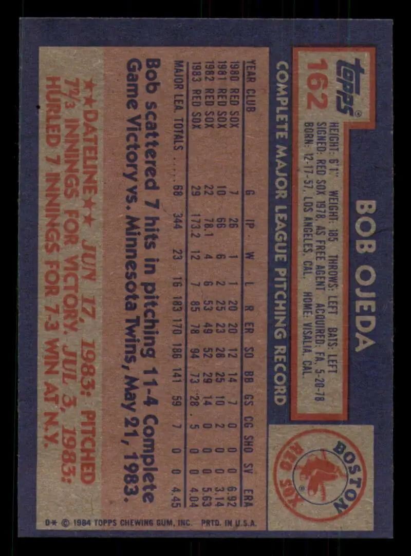 1984 Topps #162 Bob Ojeda EX Excellent Boston Red Sox Baseball Card - Baseball Card Single