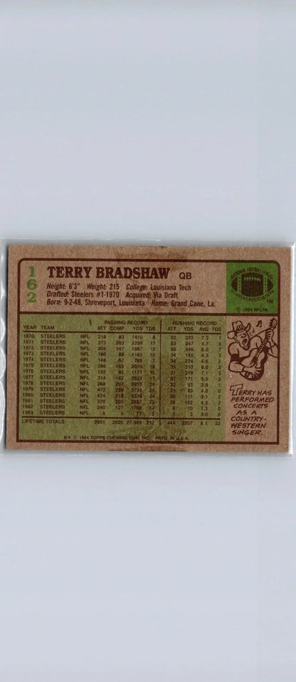 Terry Bradshaw trading card from 1984 Topps #162, a must-have for collectors