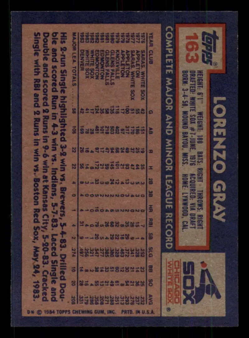 1984 Topps #163 Lorenzo Gray EX Excellent RC Rookie Chicago White Sox Baseball Card - Baseball Card Single