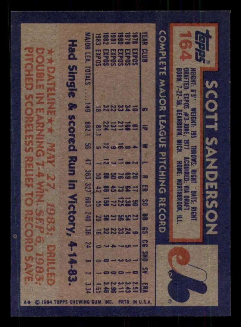 1984 Topps #164 Scott Sanderson EX Excellent Montreal Expos Baseball Card - Baseball Card Single