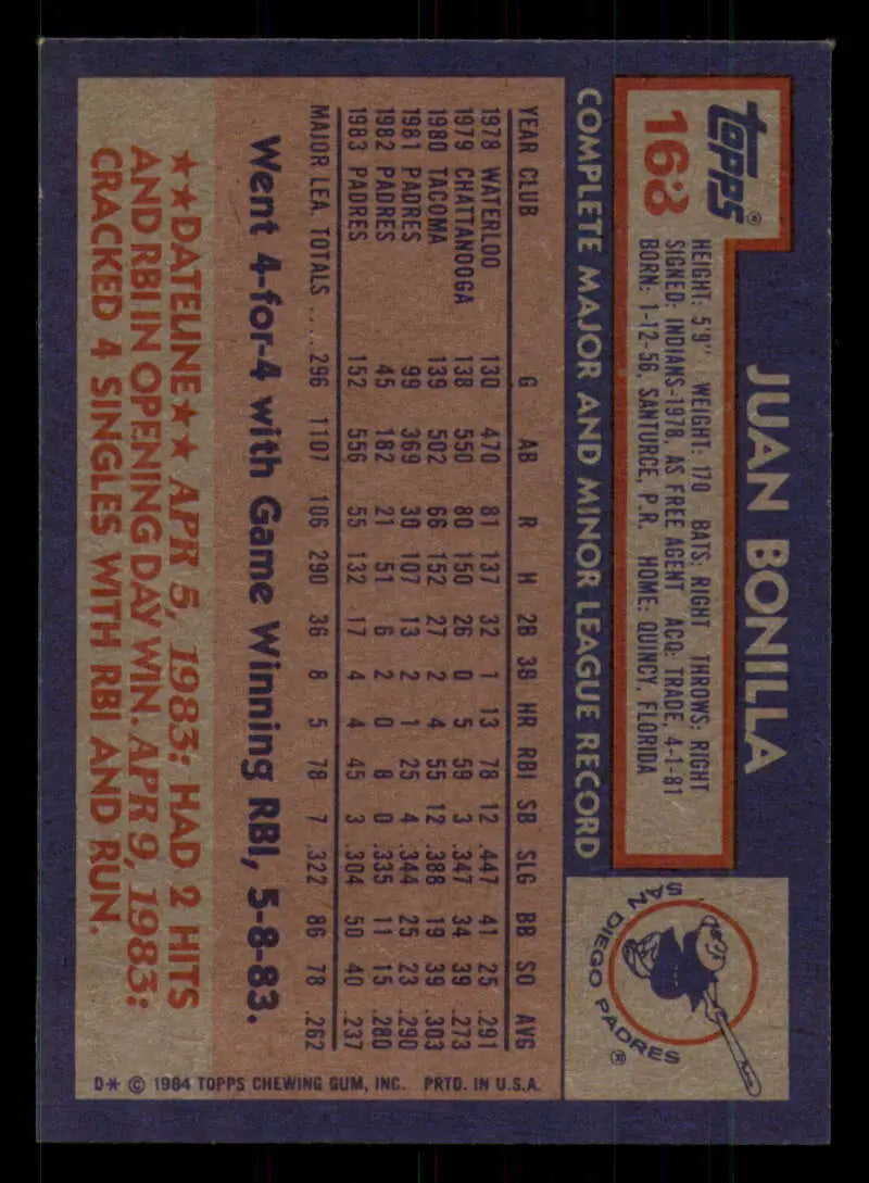 1984 Topps #168 Juan Bonilla EX Excellent San Diego Padres Baseball Card - Baseball Card Single