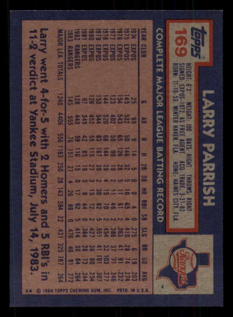 1984 Topps #169 Larry Parrish EX Excellent Texas Rangers Baseball Card - Baseball Card Single