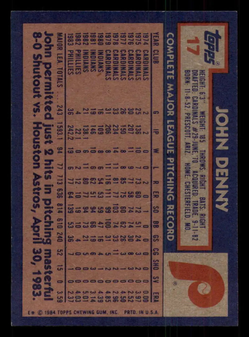 1984 Topps #17 John Denny EX Excellent Philadelphia Phillies Baseball Card - Baseball Card Single