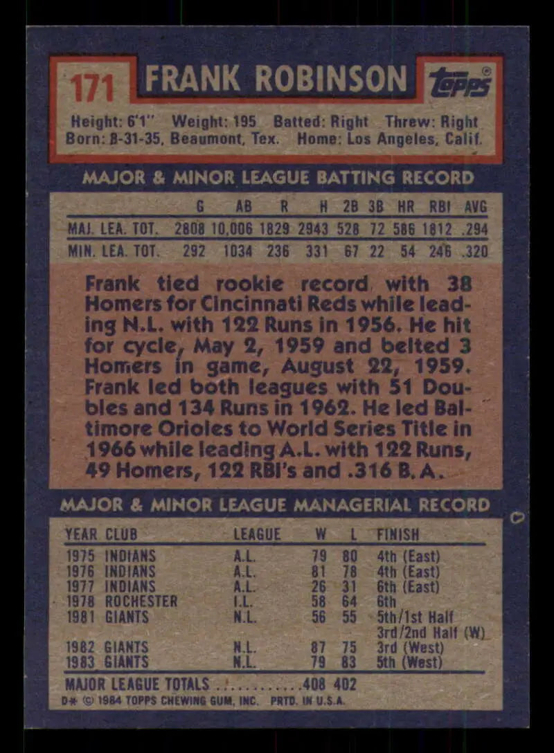 1984 Topps #171 Frank Robinson EX Excellent San Francisco Giants Baseball Card - Baseball Card Single