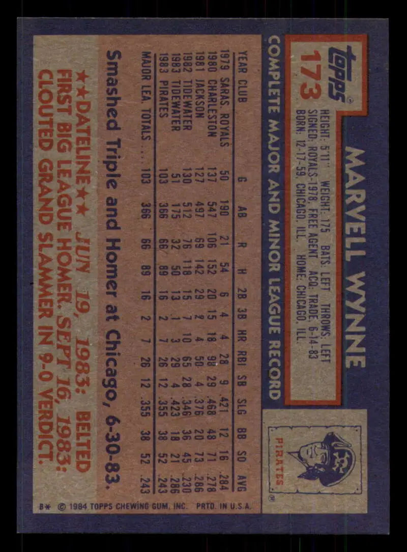 1984 Topps #173 Marvell Wynne EX Excellent Pittsburgh Pirates Baseball Card - Baseball Card Single