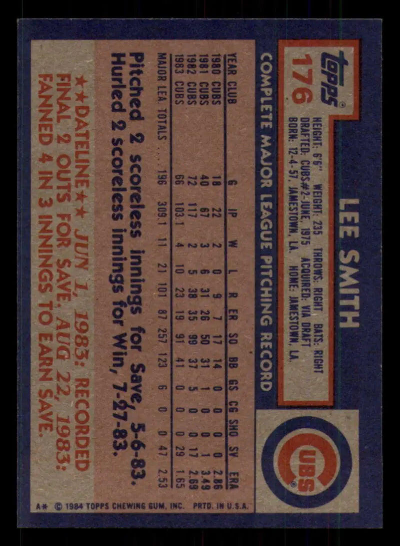 1984 Topps #176 Lee Smith EX Excellent Chicago Cubs Baseball Card - Baseball Card Single