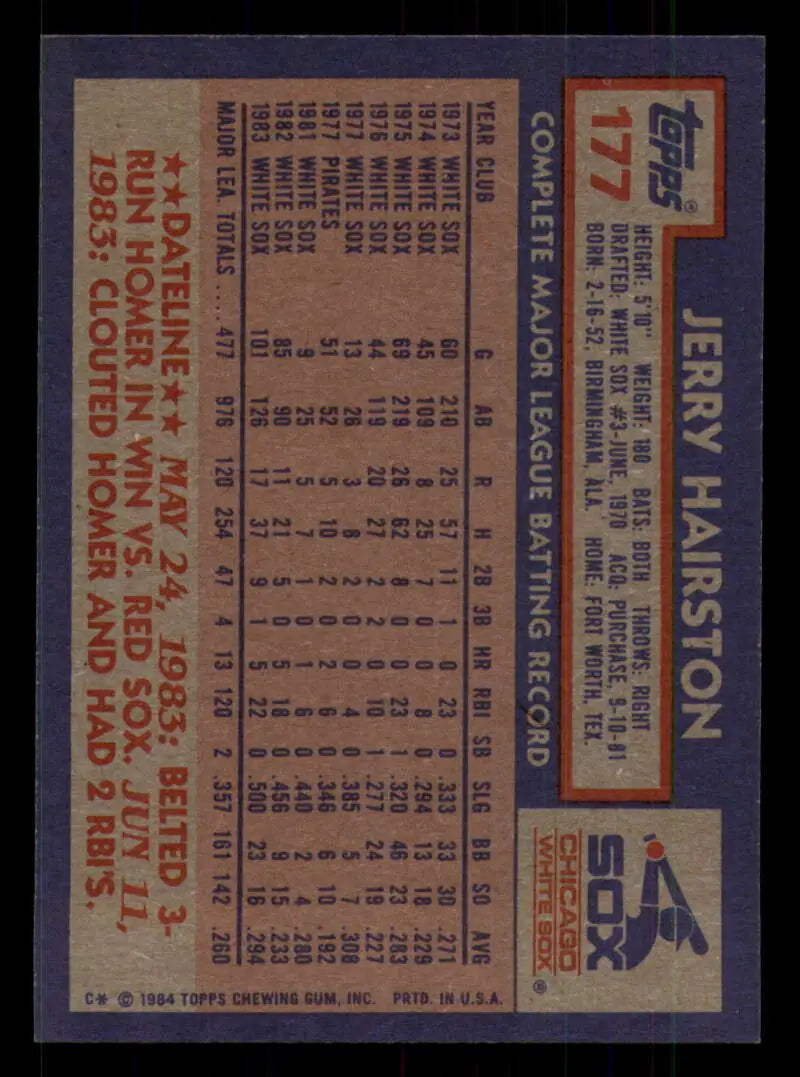 1984 Topps #177 Jerry Hairston EX Excellent Chicago White Sox Baseball Card - Baseball Card Single