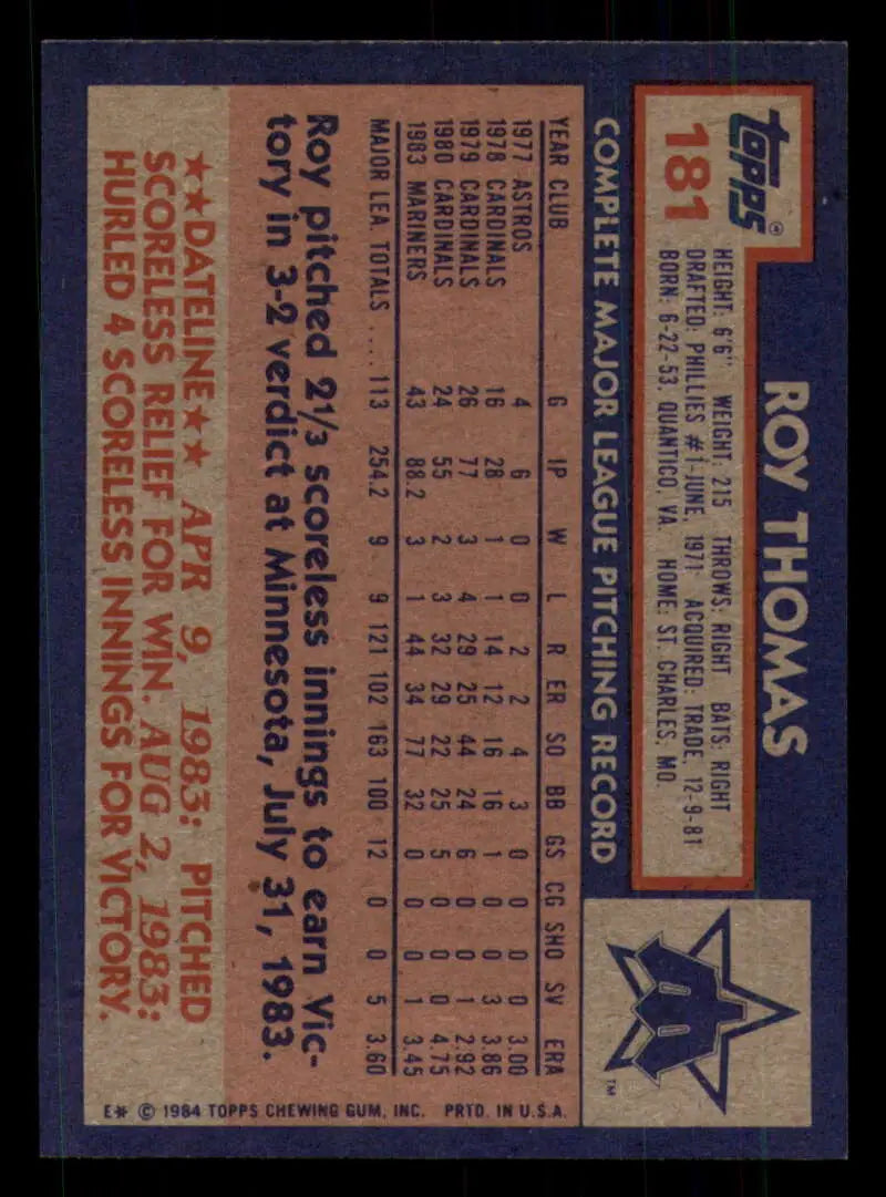 1984 Topps #181 Roy Thomas EX Excellent Seattle Mariners Baseball Card - Baseball Card Single