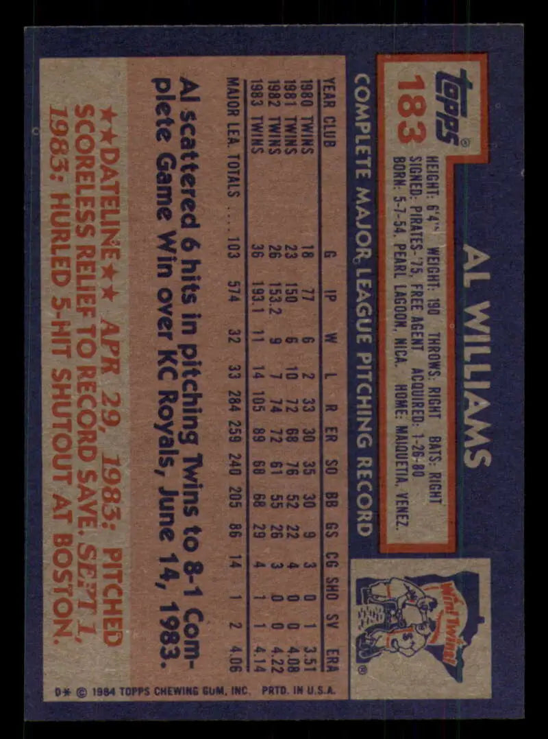1984 Topps #183 Al Williams EX Excellent Minnesota Twins Baseball Card - Baseball Card Single