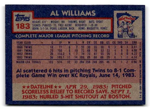 Original gloss 1984 Topps Al Williams baseball card Twins ID 77363 sports cards