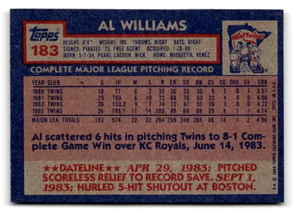 Original gloss 1984 Topps Al Williams baseball card Twins ID 77363 sports cards