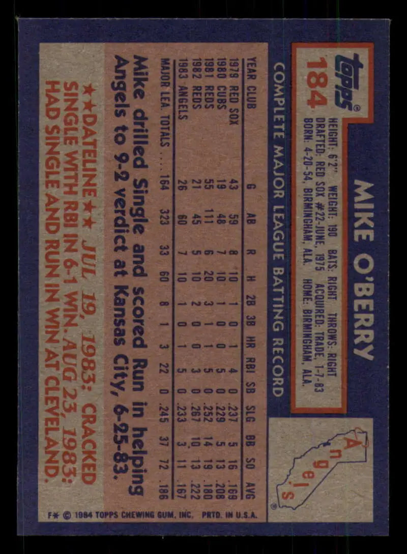 1984 Topps #184 Mike O’Berry EX Excellent California Angels Baseball Card - Baseball Card Single