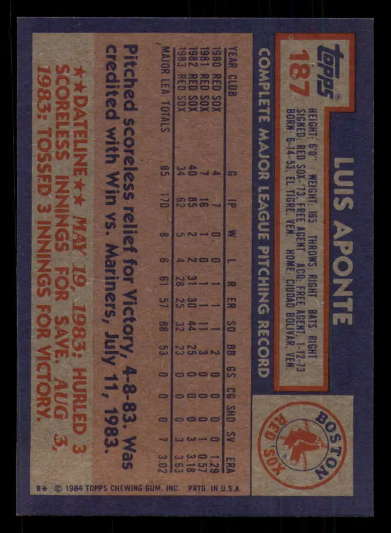 1984 Topps #187 Luis Aponte EX Excellent Boston Red Sox Baseball Card - Baseball Card Single