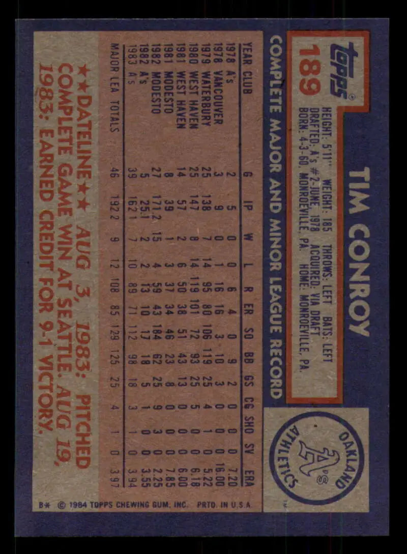 1984 Topps #189 Tim Conroy EX Excellent RC Rookie Oakland Athletics Baseball Card - Baseball Card Single